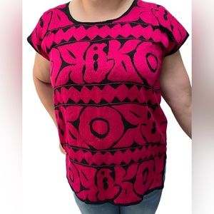 Women's Black/Pink Hand embroidered Viscose Bohemian blouse top summer   (L) NWT